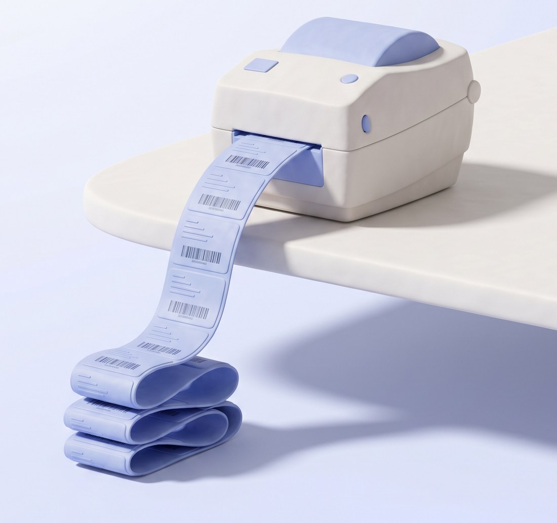 Label printer producing a continuous strip of shipping labels